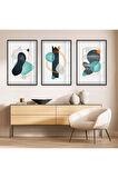 Gümüş Metal Çerçeveli Soyut Desen Üçlü Kırılmaz Cam Tablo Seti
