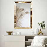 GOLD AYNALI PLEKSİ ÇERÇEVELİ MODERN BEYAZ ALTIN SARISI TAVUS TÜYÜ DESENLİ ÇİZİM TABLO