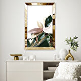 GOLD AYNALI PLEKSİ ÇERÇEVELİ MODERN BEYAZ PEMBE YEŞİL PALMİYE YAPRAK DESENLİ SOYUT ÇİZİM TABLO