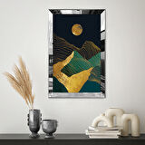 GÜMÜŞ AYNALI PLEKSİ ÇERÇEVELİ ÇİZGİ DESENLİ ALTIN VE YEŞİL MANZARA TASARIMI TABLOSU