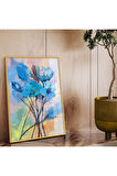 Gümüş Metal Çerçeveli Mavi Çiçek Modern Çizim Kırılmaz Cam Tablo