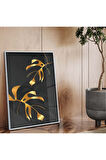 Gold Metal Çerçeveli Kolaj Çizim Yaprak Desen Kırılmaz Cam Tablo
