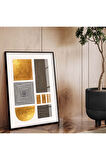 Gold Metal Çerçeveli Geometrik Çizim Soyut Tema Çizim Kırılmaz Cam Tablo