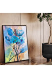 Gümüş Metal Çerçeveli Mavi Çiçek Modern Çizim Kırılmaz Cam Tablo