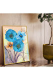 Gümüş Metal Çerçeveli Mavi Çiçek Modern Çizim Kırılmaz Cam Tablo