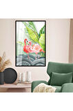Gümüş Metal Çerçeveli Modern Çizim Flamingo Figür Kırılmaz Cam Tablo