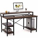 Zizuva Tasarım 95x60x140cm Ceviz Ev Ofis Bilgisayar Metal Raflı Çalışma Masası