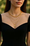 Altın Renk Üç Katlı Zincir Kolye – Kalın Choker & İnce Zincir & Madalyon Uç Detaylı