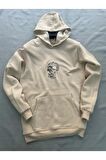 Zeus Baskılı Bej Erkek Kapüşonlu 3 iplik Şardonlu Ribanalı Sweatshirt Hoodie