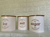 3'lü Vakumlu Kapaklı Porselen 1000 ml Tea/Salt/Sugar Çay Tuz Şeker Kavanoz Seti