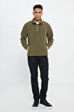 Erkek Haki Loose Fit Bato Yaka Desenli Polar