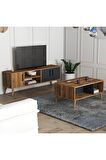 Mezza Set 1580-2070 Exxen Tv Ünitesi Exxen Orta Sehpa (AHŞAP AYAKLI) - Hat - Antrasit Rengi