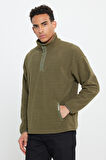 Erkek Haki Loose Fit Bato Yaka Desenli Polar