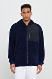 Erkek Lacivert Oversize Bol Kesim Kapüşonlu Sherpa Polar Sweatshirt Ceket