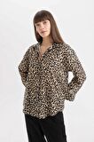 DeFacto Oversize Geniş Kalıp Uzun Kollu Leopar Desenli Vual Gömlek D2564AX24SMBG234
