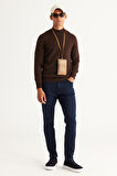 Erkek Kahverengi Standart Fit Normal Kesim Yarım Balıkçı Yaka Pamuklu Triko Kazak