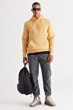 Erkek Hardal Standart Fit Içi Polarlı 3 Iplik Kapüşonlu Kanguru Cepli Pamuklu Sweatshirt