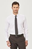 Erkek Beyaz Ütü Gerektirmeyen Non-iron Slim Fit Dar Kesim %100 Pamuk Armürlü Gömlek