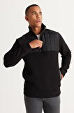 Erkek Siyah Standart Fit Normal Kesim Içi Polarlı 3 Iplik Bato Yaka Desenli Pamuklu Sweatshirt