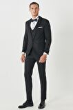 Erkek Siyah Ekstra Slim Fit Dar Kesim Kırlangıç Yaka Desenli Yelekli Smokin Takım