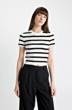 DeFacto Crop Bisiklet Yaka Çizgili Kısa Kollu Triko Kazak C8743AX24AUER105