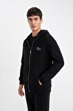 DeFacto Siyah Relax Fit Kapüşonlu Waffle Baskılı Cepli Fermuarlı Sweatshirt D2629AX24AUBK81