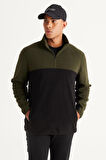 Erkek Hakı-sıyah Anti-pilling Tüylenme Yapmayan Standart Fit Bato Yaka Içi Polarlı Polar Sweatshirt