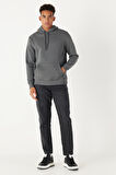 Erkek Antrasit-melanj Standart Fit Içi Polarlı 3 Iplik Kapüşonlu Pamuklu Sweatshirt