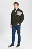 Erkek Haki Oversize Bol Kesim Bato Yaka Cep Detaylı Fermuarlı Soğuk Geçirmez Polar Sweatshirt