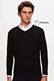 Ds Damat Regular Fit Siyah Düz V Yaka Triko Kazak 5HF06ORT12003 5HF06ORT12003