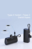 Type-C Soketli Mini Powerbank 5000mAh 2 Type-C Port Dahili Kablolu Taşınabilir Şarj Cihazı Siyah