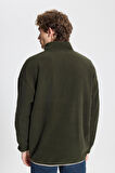 Erkek Haki Oversize Bol Kesim Bato Yaka Cep Detaylı Fermuarlı Soğuk Geçirmez Polar Sweatshirt