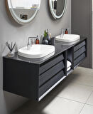 VitrA Frame 61229 Lavabo Dolabı, Çift Çekmeceli, Etajerli Lavabolu,80cm, Mat Soft-HareliSiyah
