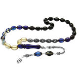 925 Ayar Gümüş Püsküllü Arpa Kesim Gümüş İsim Yazılı Süzme Mavi-Beyaz Ateş Kehribar Tesbih