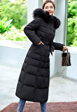 Kışlık Uzun Kürklü Kapüşonlu Kadın Şişme Mont