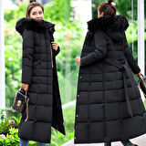 Kışlık Uzun Kürklü Kapüşonlu Kadın Şişme Mont