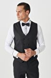 Erkek Siyah Slim Fit Dar Kesim Mono Yaka Desenli Yelekli Smokin Takım