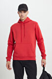 Erkek Kırmızı Standart Fit Normal Kesim Içi Polarlı 3 Iplik Kapüşonlu Pamuklu Sweatshirt