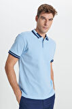 Erkek Açık Mavi Slim Fit Dar Kesim %100 Pamuk Kıvrılmaz Polo Yaka Tişört