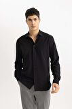 DeFacto Modern Fit Polo Yaka Basic Düz Krinkıl Uzun Kollu Siyah Gömlek B7384AX24SPBK27