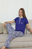 Kadın Saks Mavi 3 Düğmeli Etnik Desen Likralı Viskon Kısa Kol Pijama Takımı