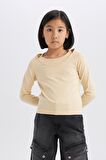 Kız Çocuk Slim Fit Dar Kesim Kaçık Yaka Tatlı Baskılı Fitilli Kaşkorse Uzun Kollu Tişört