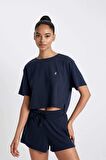 DeFactoFit Cropped Fit Bisiklet Yaka Sporcu Ribana Kısa Kollu Tişört A9916AX24SMNV146