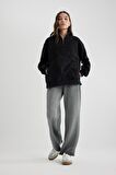 DeFacto Oversize Yarım Fermuarlı Baskılı Soluk Yıkama Efektli Kalın Sweatshirt C2014AX24SPBK81