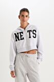 DeFactoFit NBA Brooklyn Nets Crop Kalın Fermuarlı Sweatshirt D2362AX24AUGR379