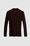Slim Fit Kahverengi Fitilli Pamuk Karışımlı Yarım Balıkçı Dar Kesim Vücudu Saran Triko Kaza 5HF06ORT64100