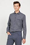 Erkek Lacivert-Gri Slim Fit Dar Kesim Klasik Yaka Kareli Gömlek
