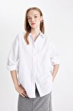 Oversize Fit Gömlek Yaka Basic Düz Oxford Uzun Kollu Gömlek