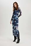 DeFacto Bodycon Yuvarlak Yaka Batik Tül Midi Uzun Kollu Abiye Elbise C5082AX24SPBE181