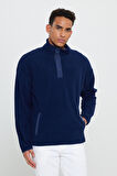 Erkek Lacivert Loose Fit Bato Yaka Desenli Polar